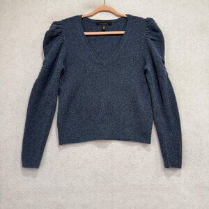 White House Black Market Sweater Womens Small Blue V Neck Puff Sleeve Pullover